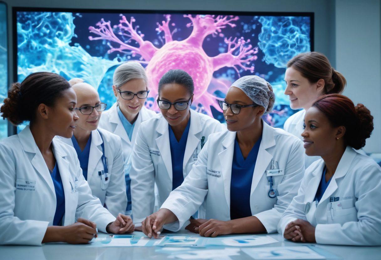 A vibrant scene depicting a diverse group of healthcare professionals enthusiastically collaborating in a modern hospital lab, surrounded by innovative therapies and advanced technology. In the background, a large screen shows cancer cells transforming into healthy cells, symbolizing hope and progress. The atmosphere should be filled with light, inspiration, and innovative energy, showcasing unity in the fight against cancer. super-realistic. vibrant colors. 3D.