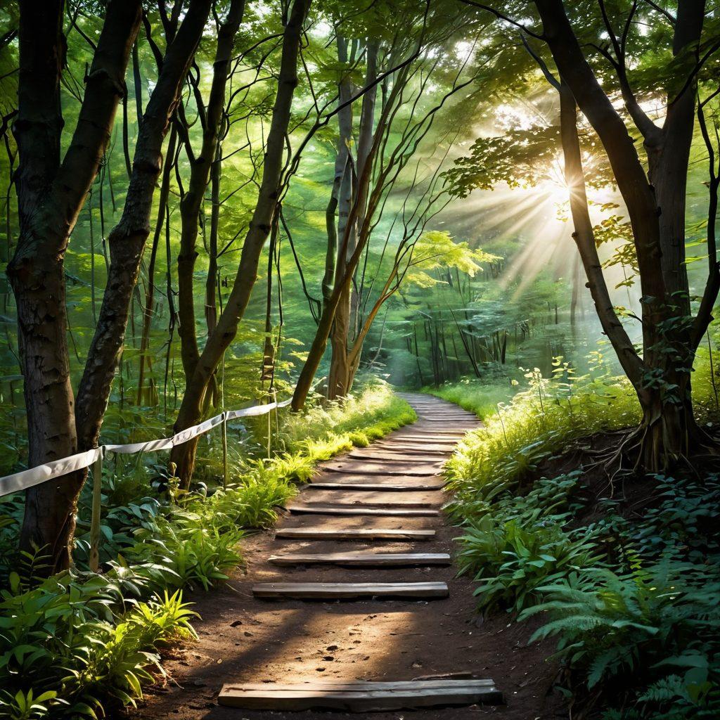 A serene path winding through a lush forest, symbolizing the journey of cancer patients. Along the path, diverse individuals of varying ages and backgrounds share stories of hope, resilience, and strength, with soft sunlight filtering through the trees, representing innovative therapies. Incorporate elements like ribbons of hope and imagery of scientific breakthroughs in the background, creating an inspiring atmosphere. vibrant colors. soft-focus. super-realistic.